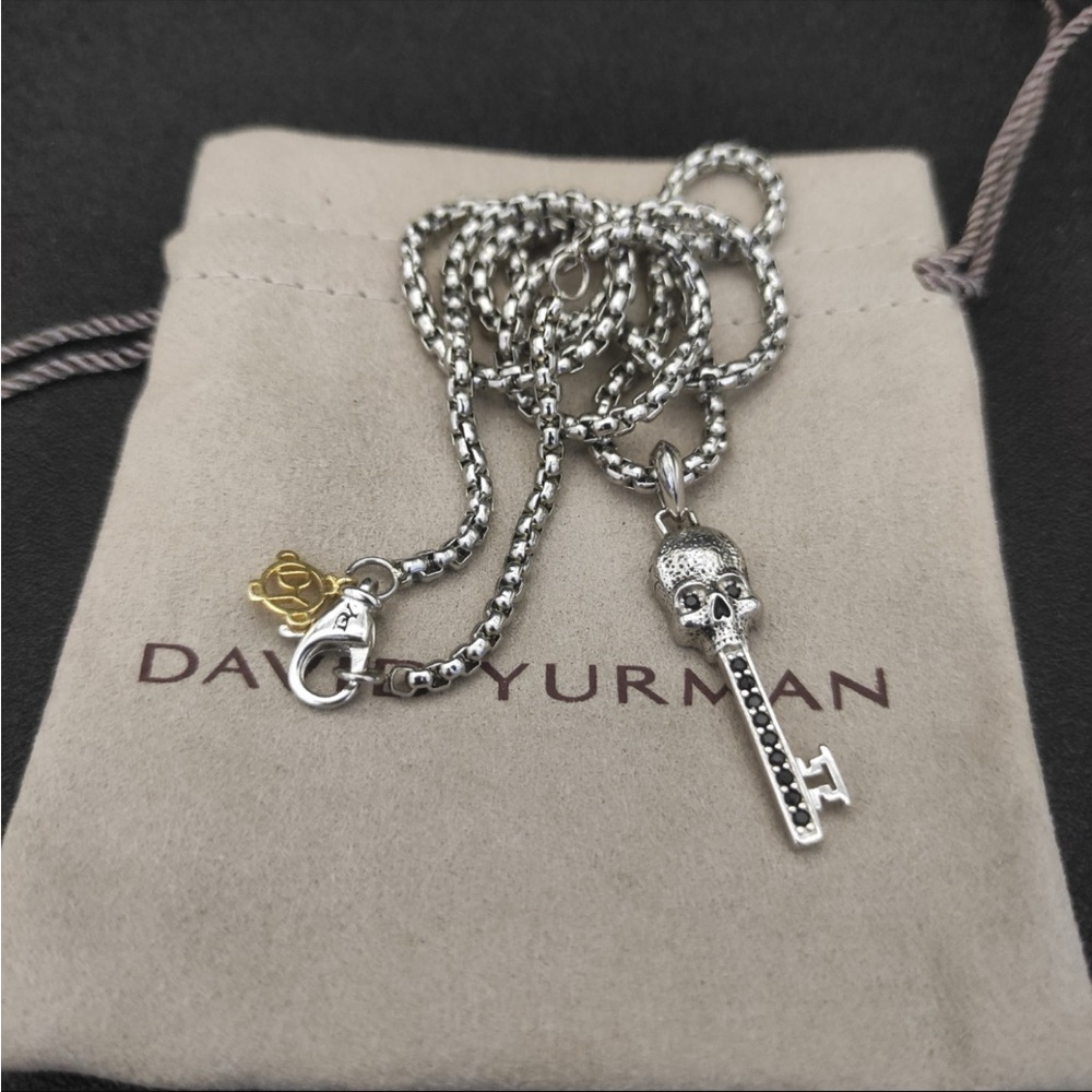 David Yurman Silver Skull Key Pendant Necklace with Gold